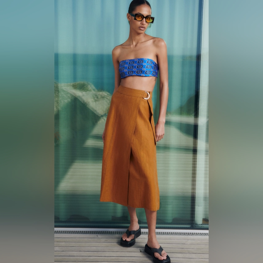 Zara Women's Linen Blend Wrap Midi Skirt Belted Tan Brown Size XS
